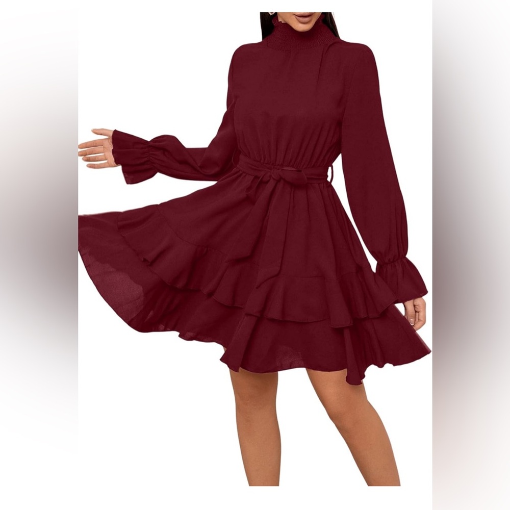 Women's Elegant High Neck Dress Burgundy L